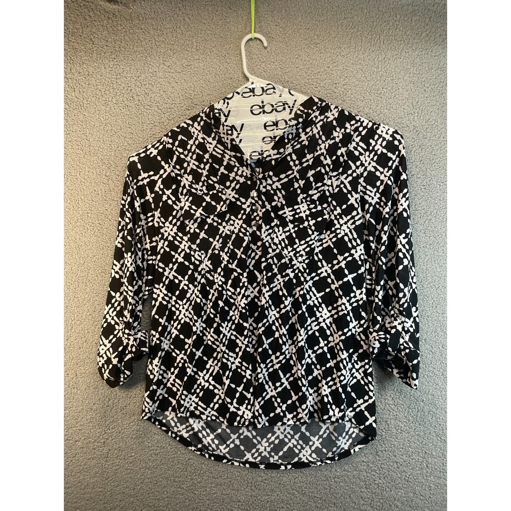 Cocomo Women Top 1X White & Black‎ Pattern  Blouse Pleated Ruched 3/4 Sleeve